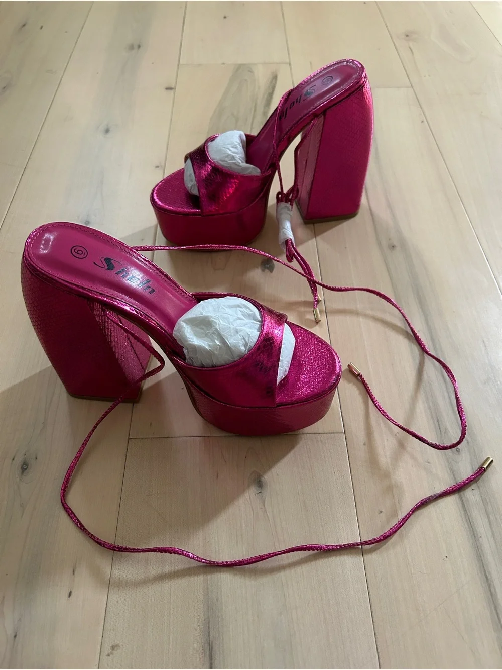 Metallic Pink Tie Ankle Chunky Platform Sandals Size 6